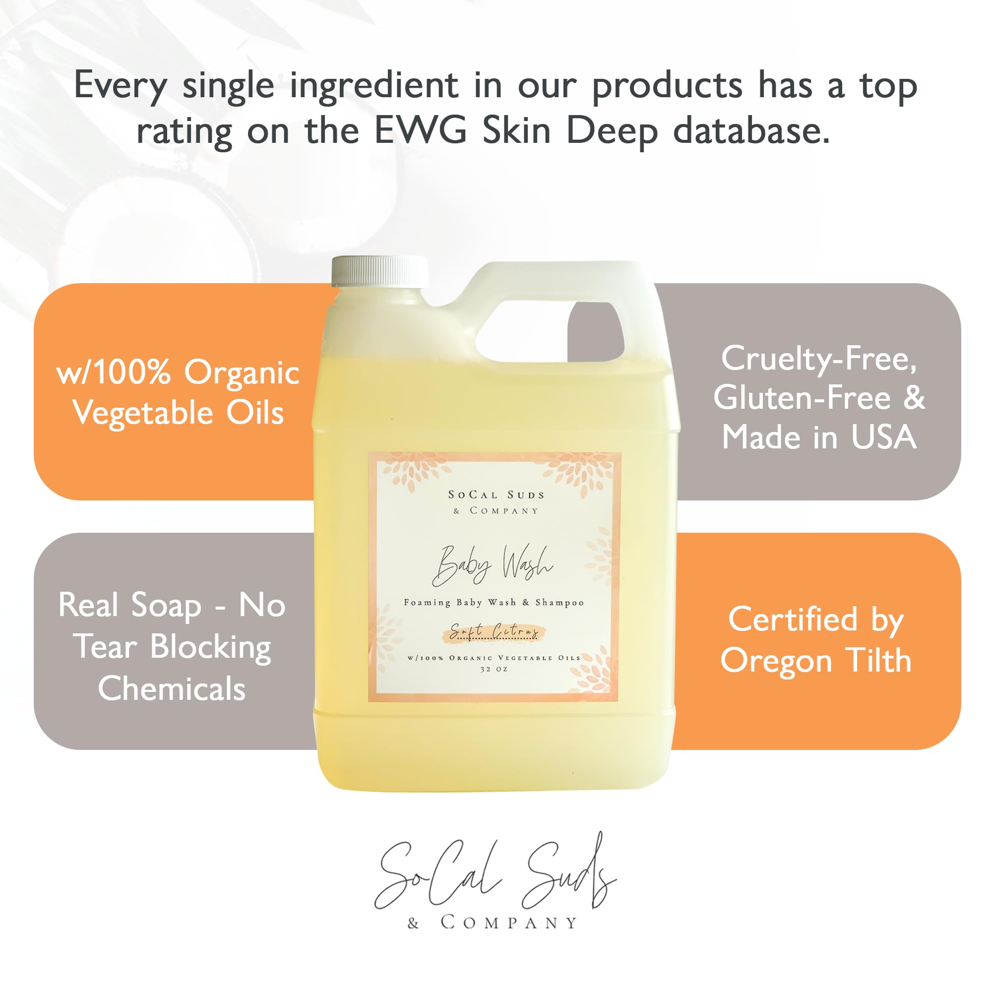 2-in-1 Organic Foaming Baby Shampoo & Body Wash Refill- Natural Botanical Castile Soap Baby Wash Sensitive Skin, Newborn Nourishing Soothing Ingredients - Soft Citrus, 32oz