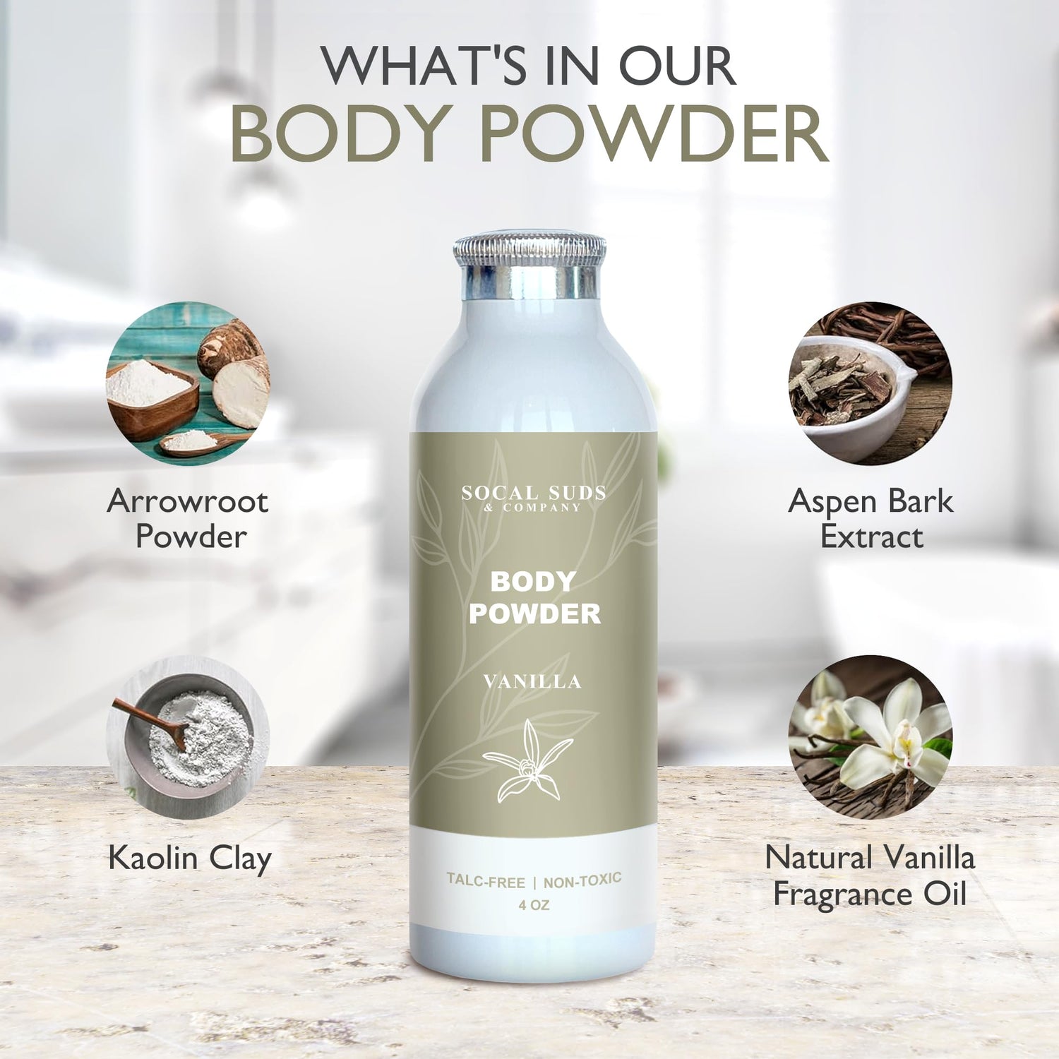 SoCal Suds &amp; Company Natural Body Powder Talc-Free - with Arrowroot Powder, Kaolin, Aspen Bark Extract for Soft Soothing Delicate Skin - Vanilla 4oz, 1-Pack