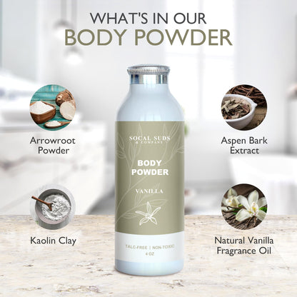 SoCal Suds &amp; Company Natural Body Powder Talc-Free - with Arrowroot Powder, Kaolin, Aspen Bark Extract for Soft Soothing Delicate Skin - Vanilla 4oz, 1-Pack