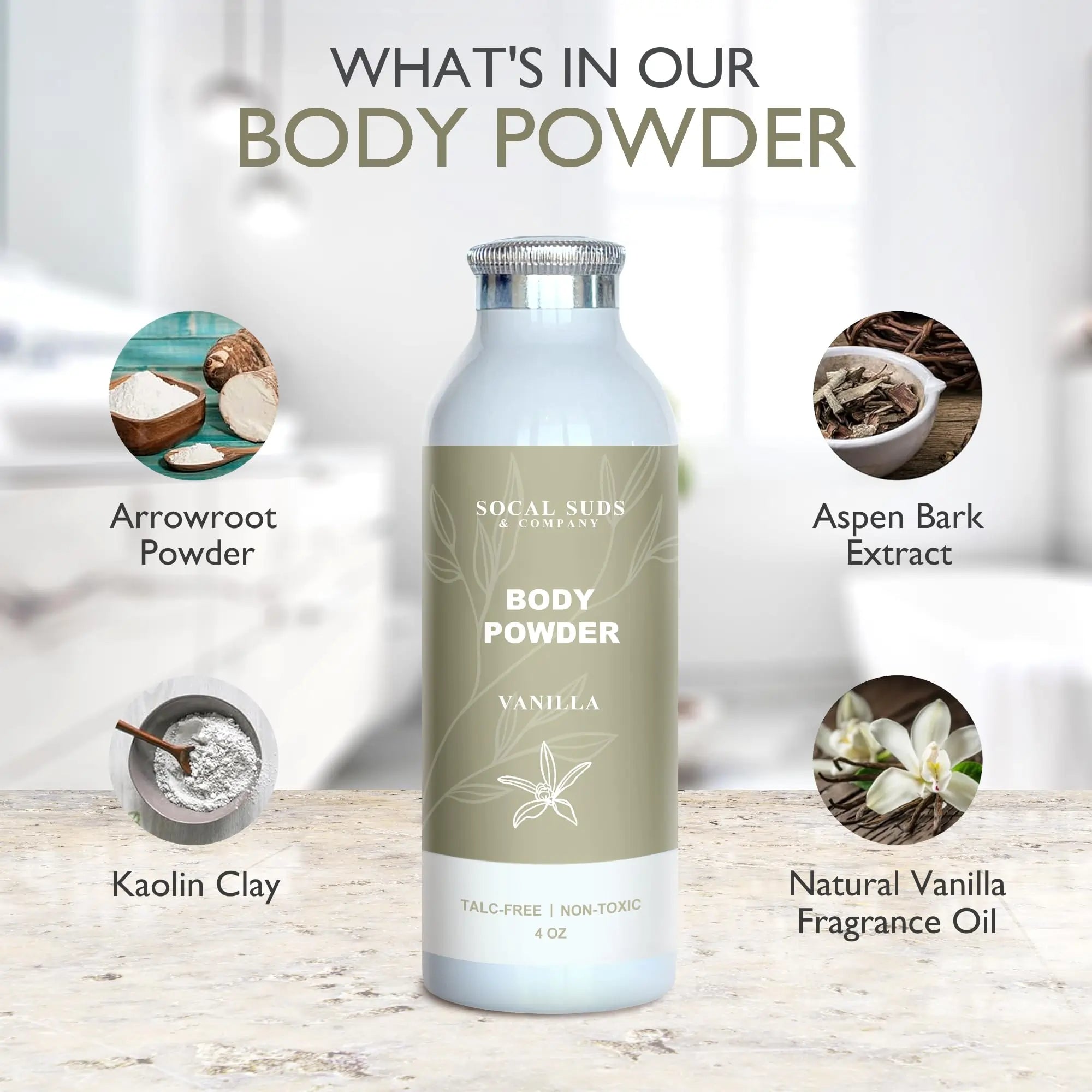 Natural Body Powder Talc-Free - with Arrowroot Powder, Kaolin, Aspen Bark Extract for Soft Soothing Delicate Skin - Vanilla 4oz, 1-Pack