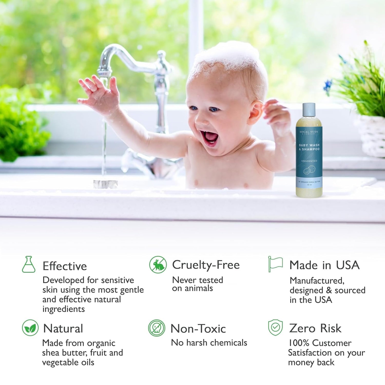 SoCal Suds &amp; Company Baby Body Wash &amp; Shampoo - Shea Moisture for Sensitive Skin - Fragrance Free Hair &amp; Body Soap - Gentle Bath Products for Toddlers &amp; Babies - 2 Pack Fragrance Free12oz Bottles