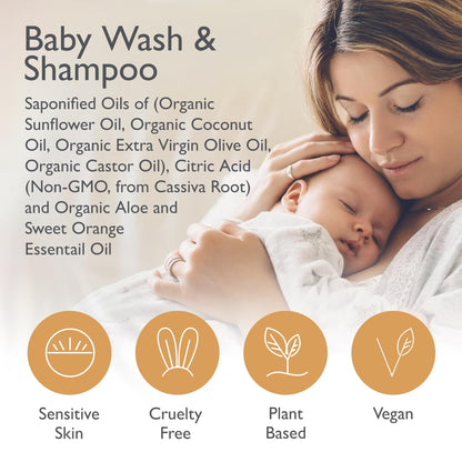 SoCal Suds &amp; Company Baby Shampoo &amp; Body Wash 2-in-1 Organic Gel - Gentle Castile Soap with Vitamin-Infused Oils &amp; Botanicals - Natural Care for Sensitive Skin Hypoallergenic - 12oz Sweet Orange 2-Pack
