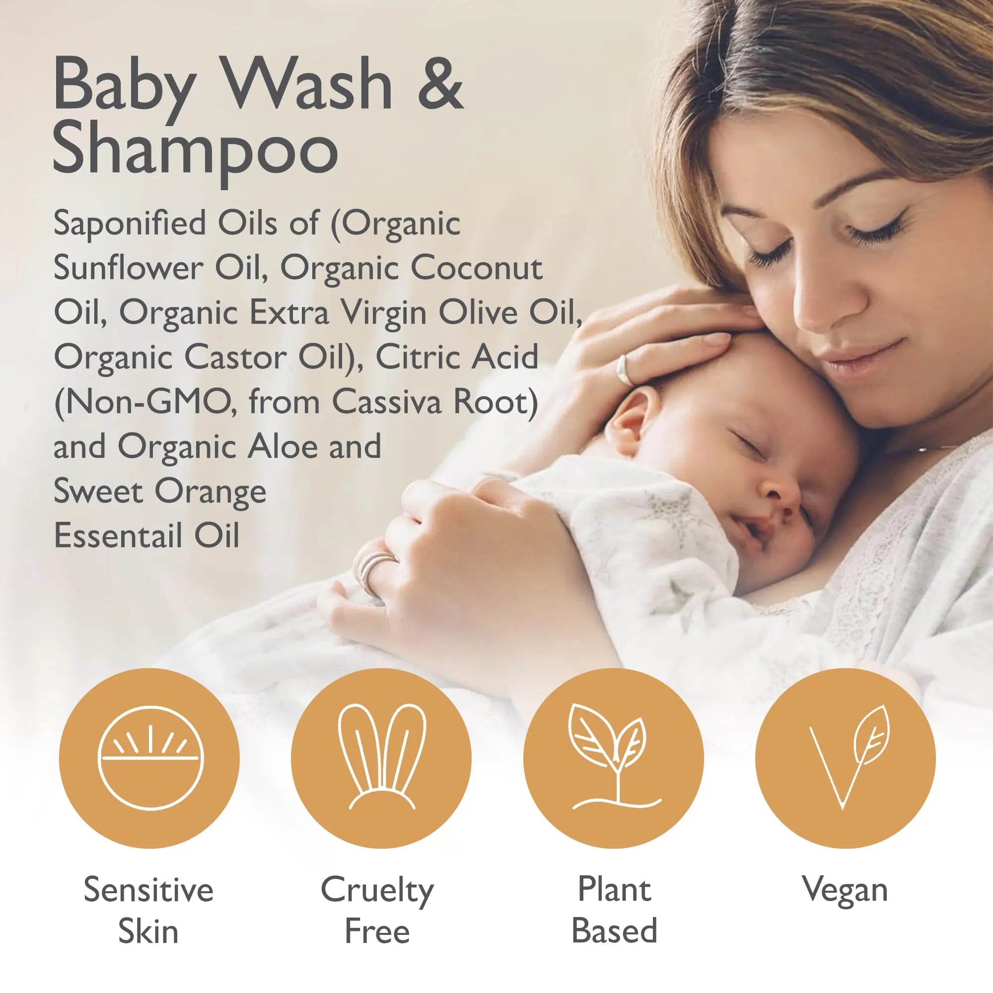 Baby Shampoo & Body Wash 2-in-1 Organic Gel - Gentle Castile Soap with Vitamin-Infused Oils & Botanicals - Natural Care for Sensitive Skin Hypoallergenic - 12oz Sweet Orange 2-Pack