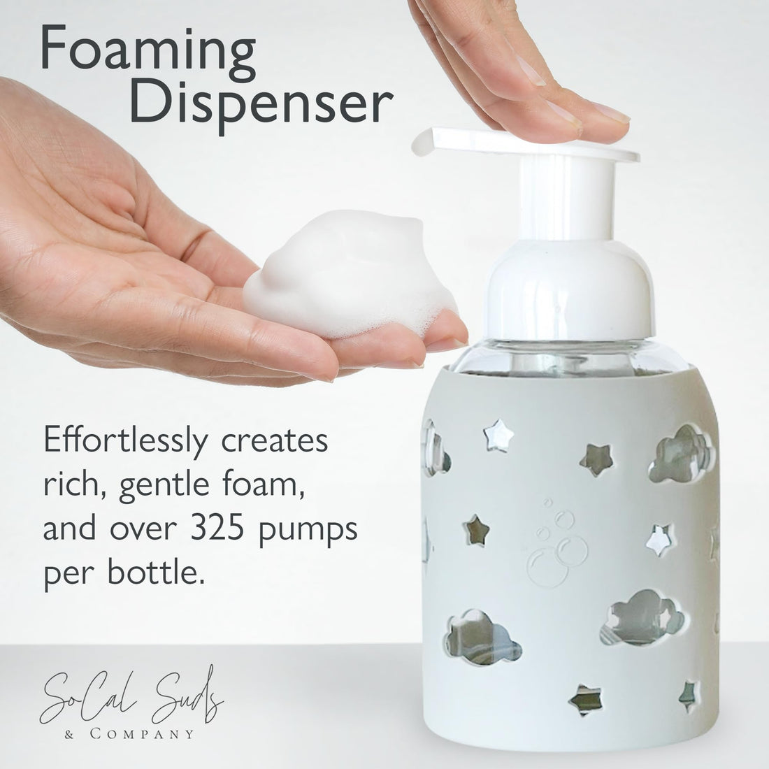 SoCal Suds &amp; Company Glass Bottle Foaming Soap Dispenser - Soft Grip Silicone Sleeve, Refillable Pump Bottle for Kids, Baby Wash &amp; Shampoo, Hand Soap Dispenser, Ideal for Home Use, Light Grey 8oz