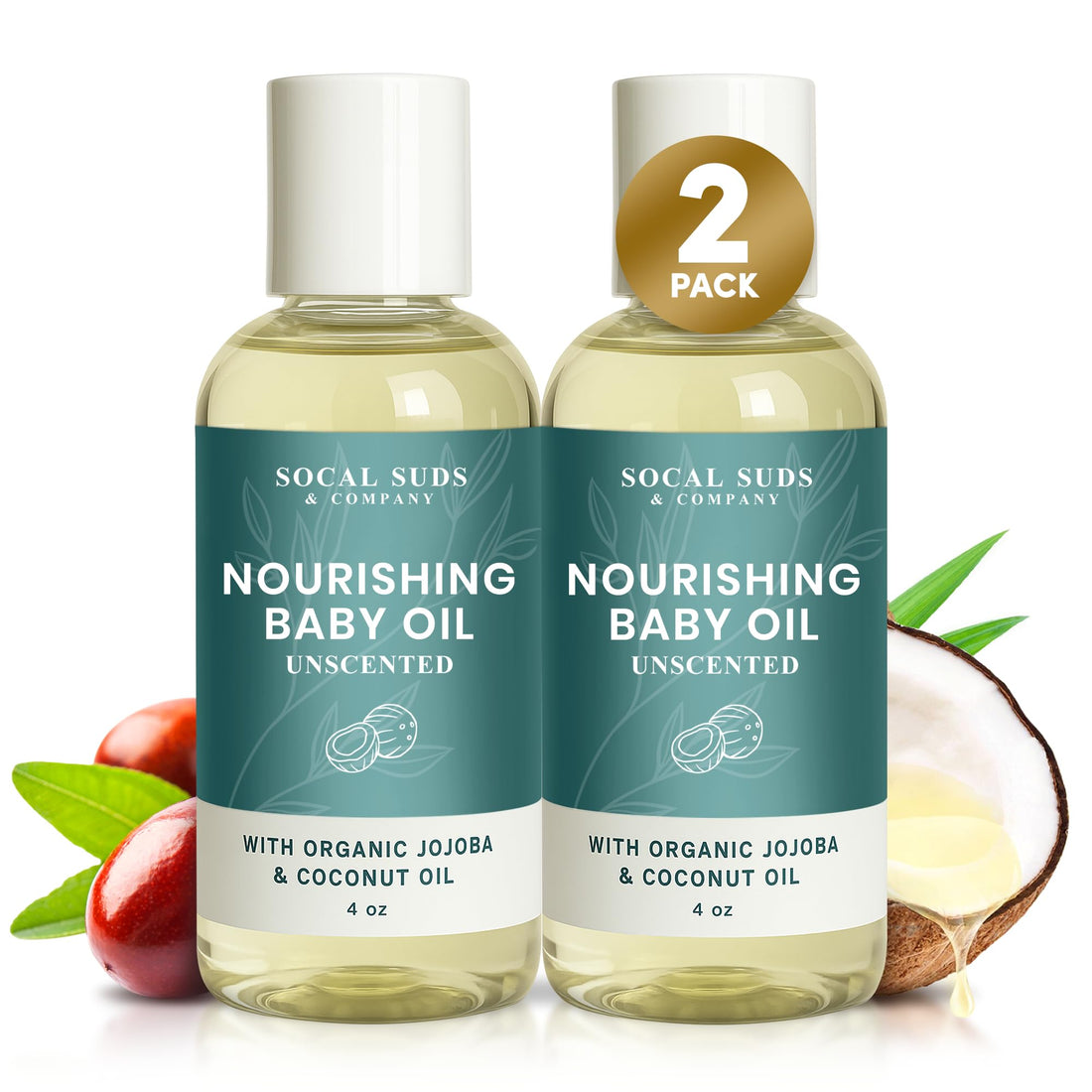 SoCal Suds &amp; Company Natural &amp; Organic Baby Oil - Newborn Essentials, Gentle Moisturizing Nourishing Oil for Delicate Tender Skin, Vitamin-Enriched with Jojoba and Sunflower Oils - Fragrance Free, 4oz 2-Pack