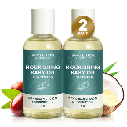 SoCal Suds &amp; Company Natural &amp; Organic Baby Oil - Newborn Essentials, Gentle Moisturizing Nourishing Oil for Delicate Tender Skin, Vitamin-Enriched with Jojoba and Sunflower Oils - Fragrance Free, 4oz 2-Pack