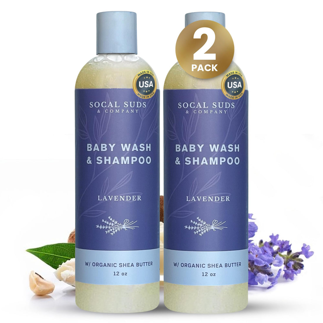 SoCal Suds &amp; Company Baby Body Wash &amp; Shampoo with Shea Moisture for Sensitive Skin - Bath &amp; Hair Products for Toddlers &amp; Babies, Natural Soap - 2 Pack Lavender 12oz Bottles