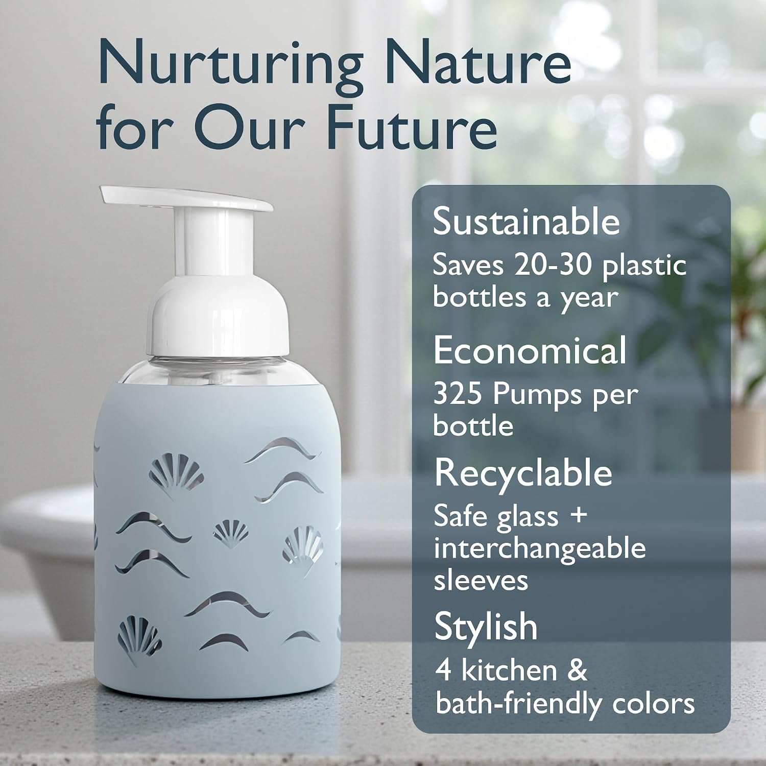 8oz Glass Foaming Soap Dispenser w/ Soft Silicone Sleeve- Seashells- Misty Blue