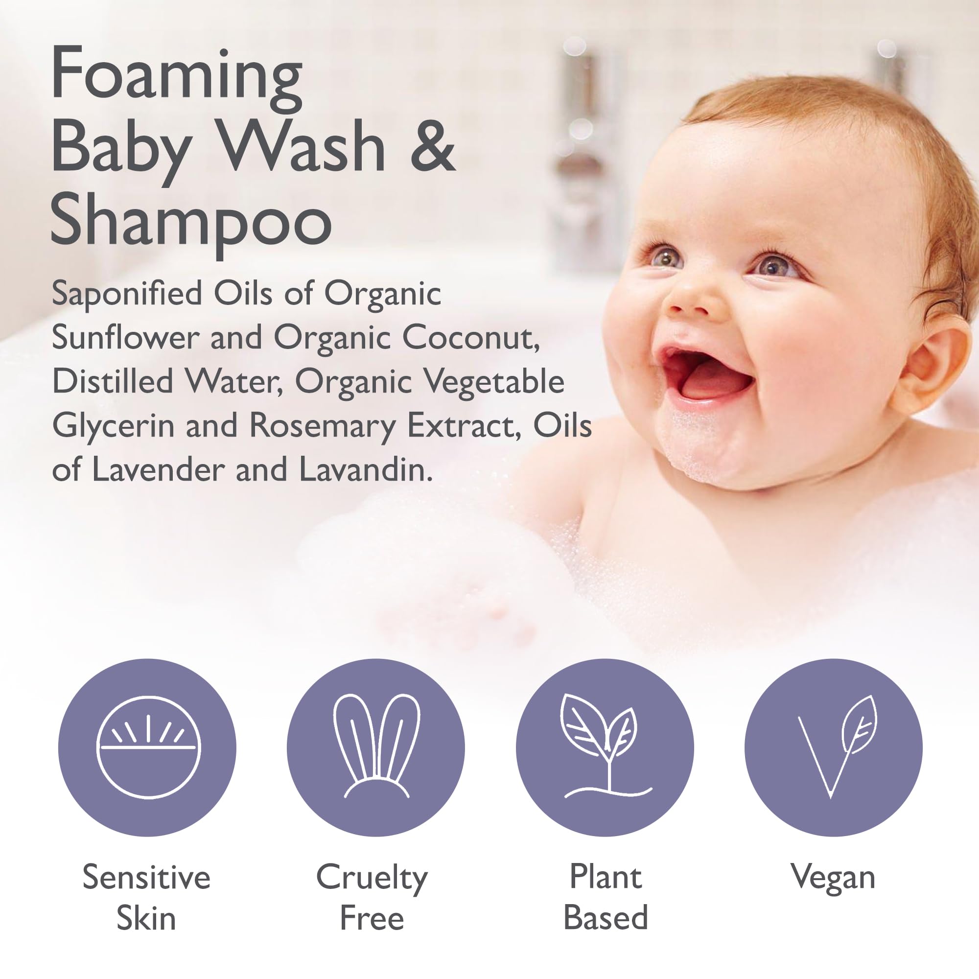 2-in-1 Organic Foaming Shampoo & Body Wash - Gentle Botanical Baby Wash for Sensitive Skin Bath - Nourishing Soothing Castile Soap - Lavender