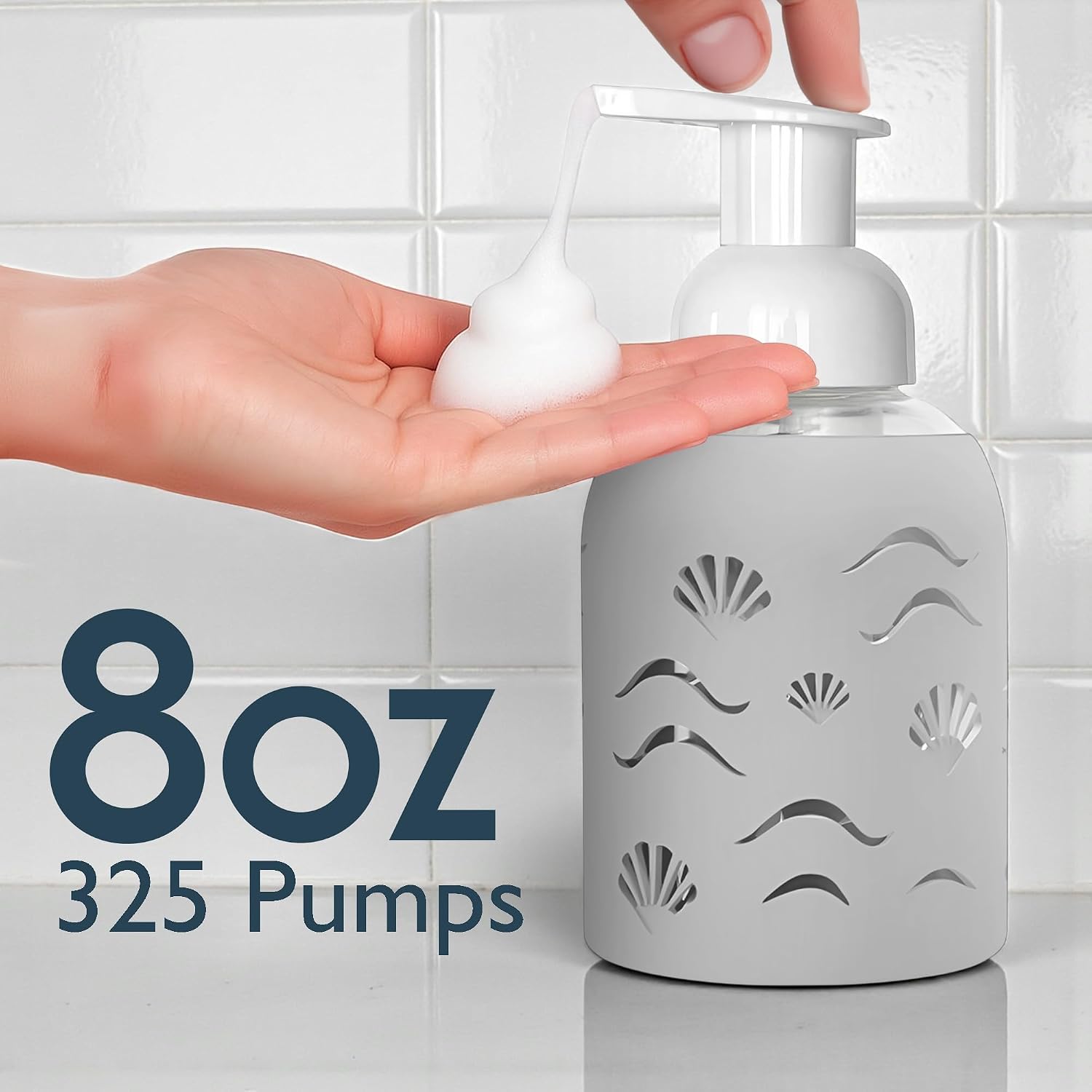 8oz Glass Foaming Soap Dispenser w/ Soft Silicone Sleeve- Seashells- Sand