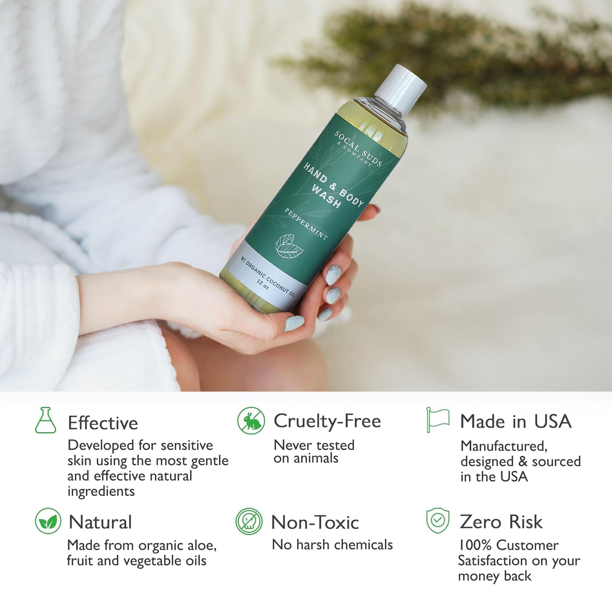 12oz Organic Soap Liquid, Gentle Hand & Body Wash, Organic Body Wash for Men and Women, Made w/Organic Oils & Coconut Oil, Bath Essentials for All Skin Types - 2pk Peppermint