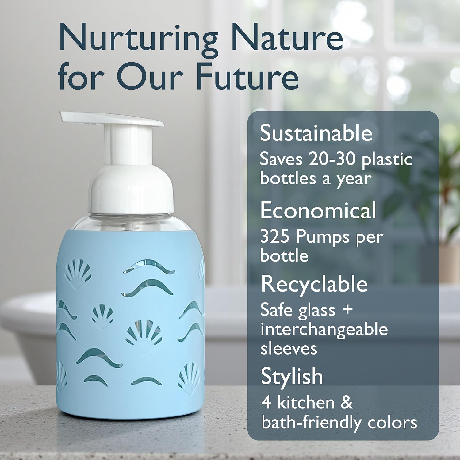 8oz Glass Foaming Soap Dispenser w/ Soft Silicone Sleeve- Seashells- Sea Foam