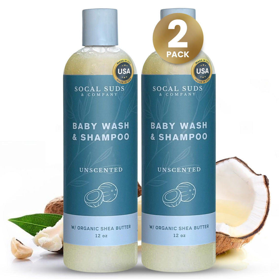 SoCal Suds &amp; Company Baby Body Wash &amp; Shampoo - Shea Moisture for Sensitive Skin - Fragrance Free Hair &amp; Body Soap - Gentle Bath Products for Toddlers &amp; Babies - 2 Pack Fragrance Free12oz Bottles