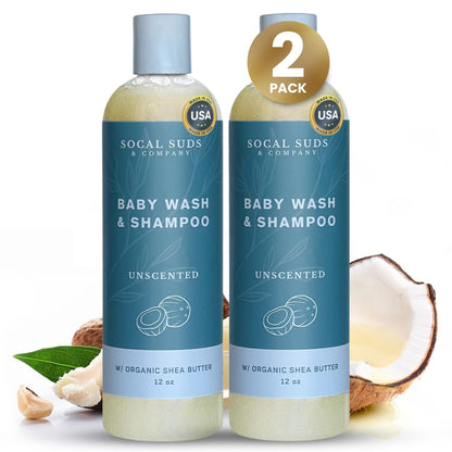 SoCal Suds &amp; Company Baby Body Wash &amp; Shampoo - Shea Moisture for Sensitive Skin - Fragrance Free Hair &amp; Body Soap - Gentle Bath Products for Toddlers &amp; Babies - 2 Pack Fragrance Free12oz Bottles