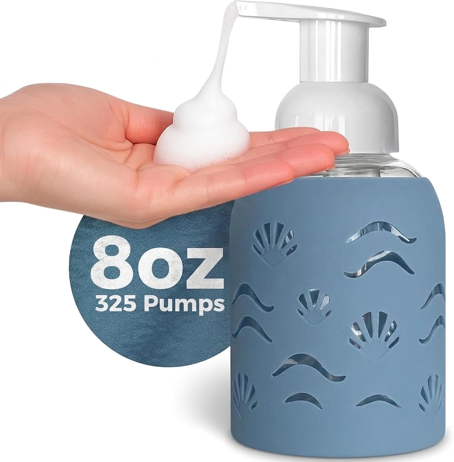 8oz Glass Foaming Soap Dispenser w/ Soft Silicone Sleeve- Seashells- Storm Blue