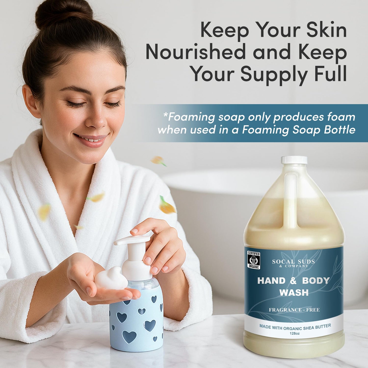 SoCal Suds &amp; Company 128oz Certified Organic Hand &amp; Body Wash w/ Shea Butter - Gentle Natural Body,Baby &amp; Face Wash for Sensitive Skin, Moisturizing Thick Castile, Hand Soap and More - Fragrance Free