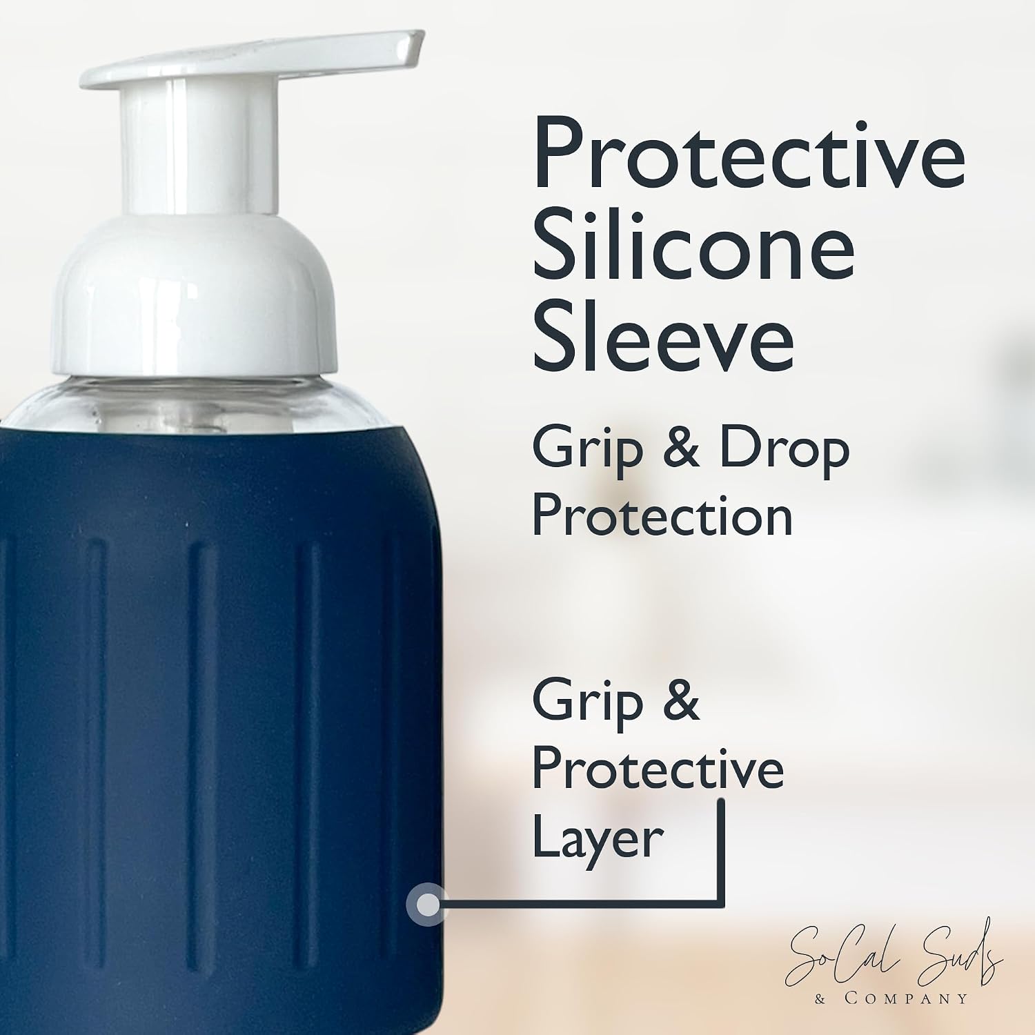 8oz Glass Foaming Soap Dispenser w/ Soft Silicone Sleeve- Seashells- Navy Blue