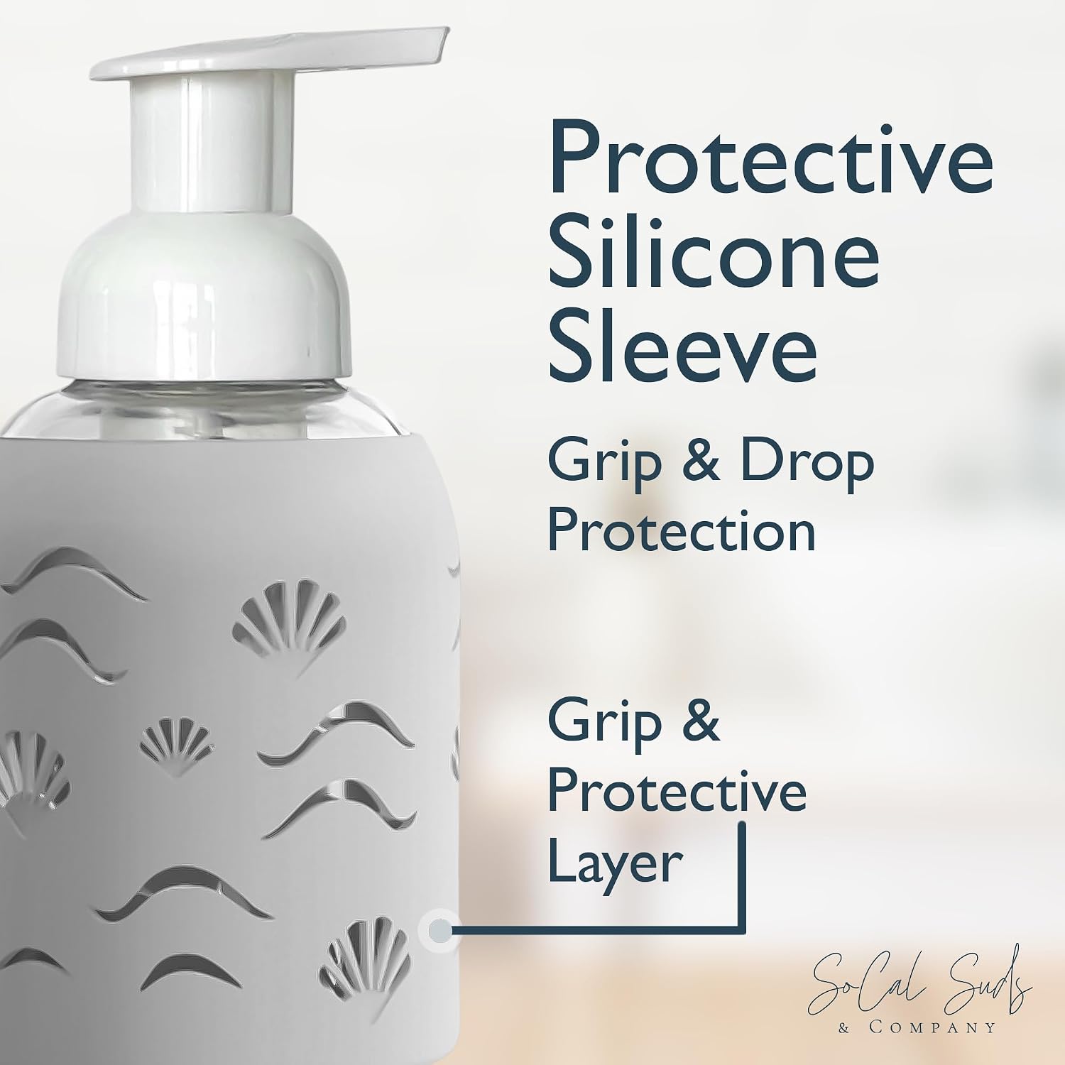 8oz Glass Foaming Soap Dispenser w/ Soft Silicone Sleeve- Seashells- Sand
