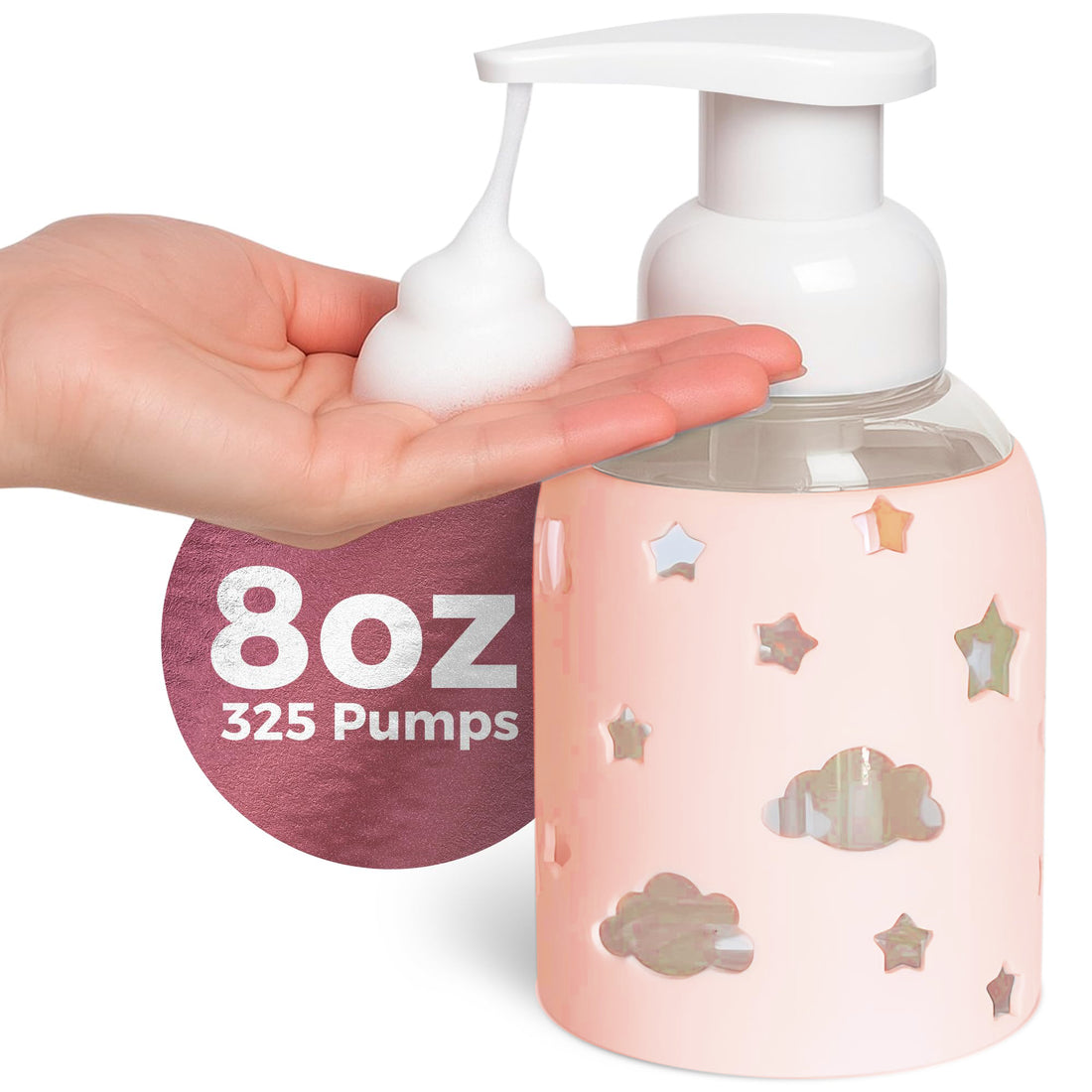 SoCal Suds &amp; Company Glass Bottle Foaming Soap Dispenser - Soft Grip Silicone Sleeve, Refillable Pump Bottle for Kids, Baby Wash &amp; Shampoo, Hand Soap Dispenser, Ideal for Home Use, Light Pink 8oz