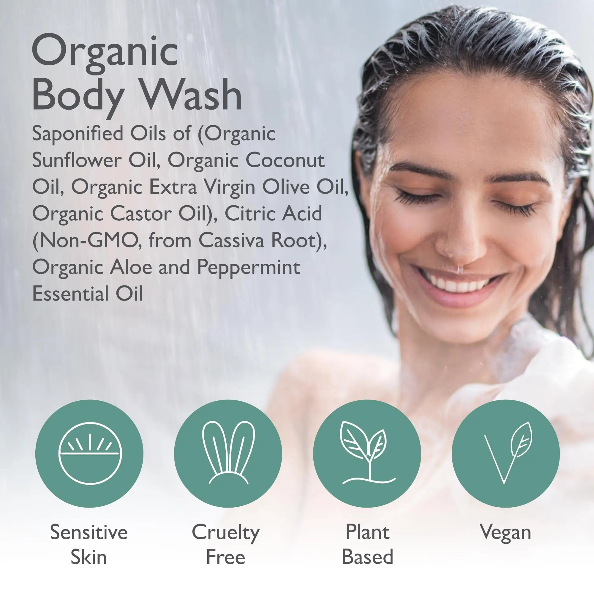 12oz Organic Soap Liquid, Gentle Hand & Body Wash - Organic Body Wash for Men and Women, Made w/Organic Oils & Coconut Oil, Bath Essentials for All Skin Types - Peppermint