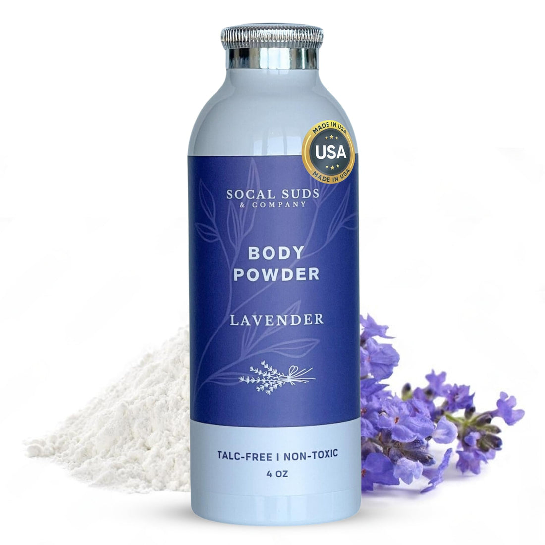 SoCal Suds &amp; Company Natural Body Powder Talc-Free - with Arrowroot Powder, Kaolin, Aspen Bark Extract for Soft Soothing Delicate Skin - Lavender 4oz, 1-Pack
