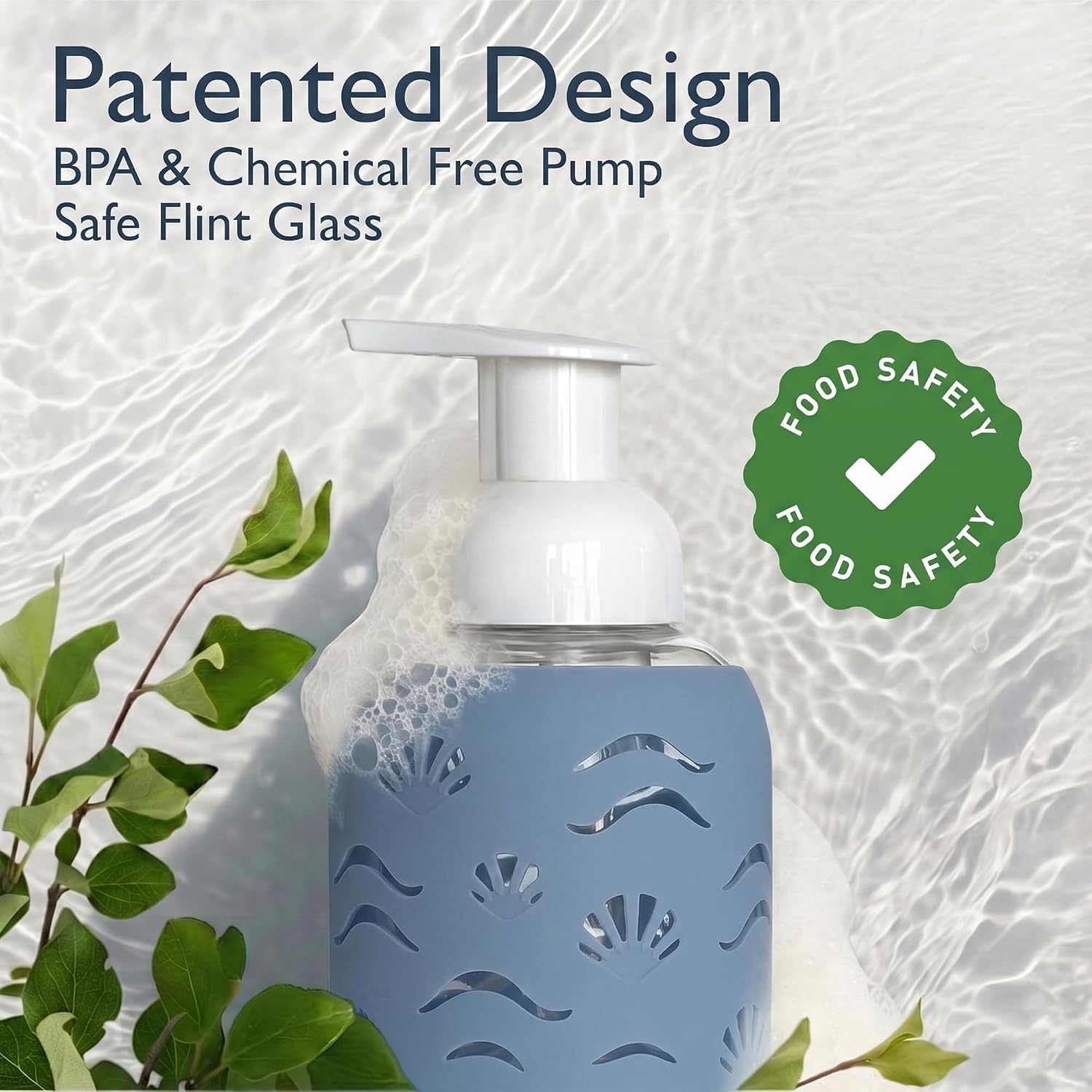 8oz Glass Foaming Soap Dispenser w/ Soft Silicone Sleeve- Seashells- Storm Blue