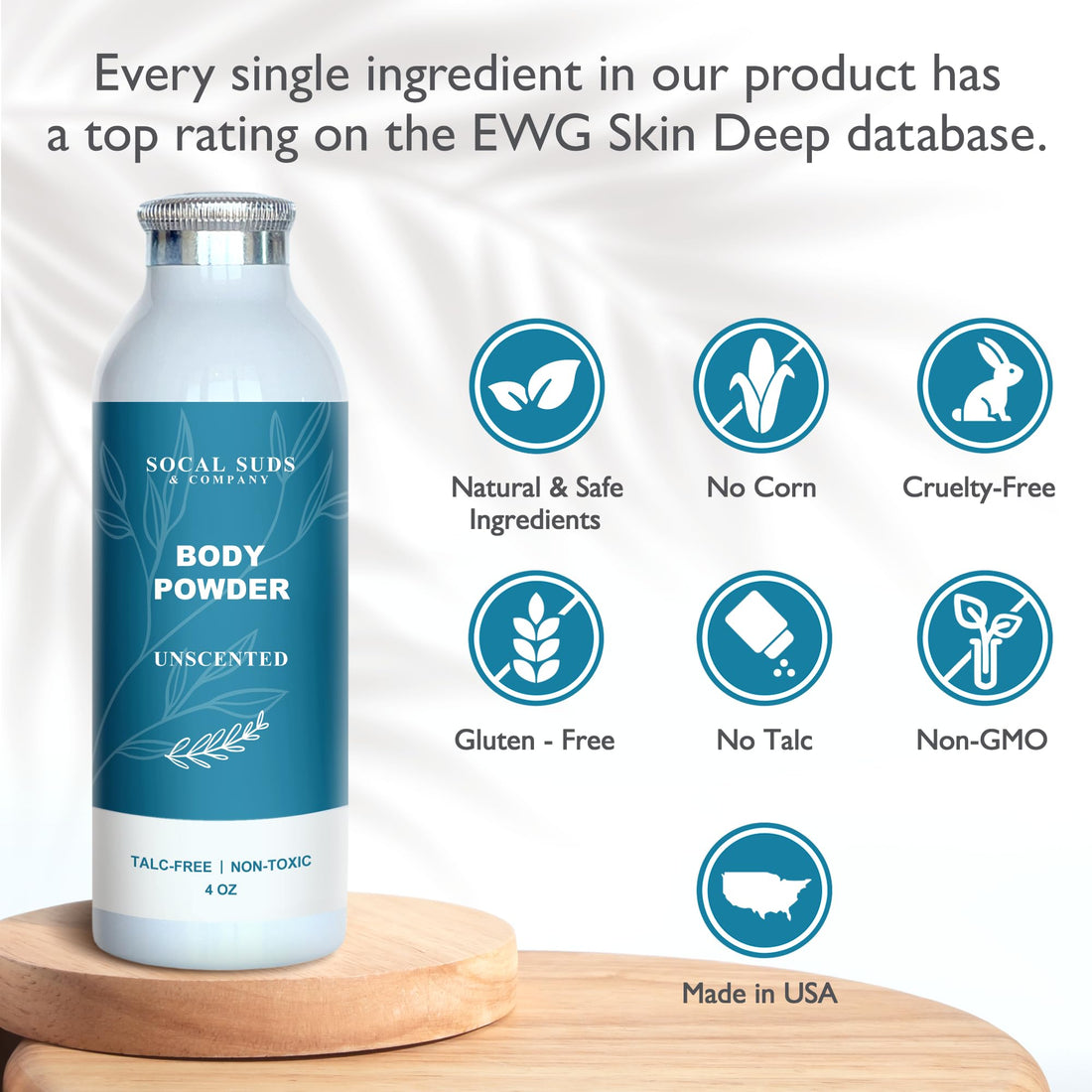 SoCal Suds &amp; Company Natural Body Powder Talc-Free - with Arrowroot Powder, Kaolin, Aspen Bark Extract for Soft Soothing Delicate Skin - Fragrance Free, 4oz, 1-Pack