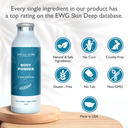 SoCal Suds &amp; Company Natural Body Powder Talc-Free - with Arrowroot Powder, Kaolin, Aspen Bark Extract for Soft Soothing Delicate Skin - Fragrance Free, 4oz, 1-Pack