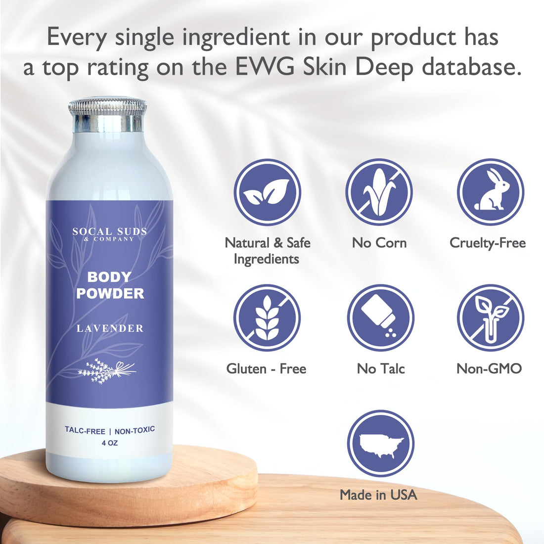 SoCal Suds &amp; Company Natural Body Powder Talc-Free - with Arrowroot Powder, Kaolin, Aspen Bark Extract for Soft Soothing Delicate Skin - Lavender 4oz, 1-Pack