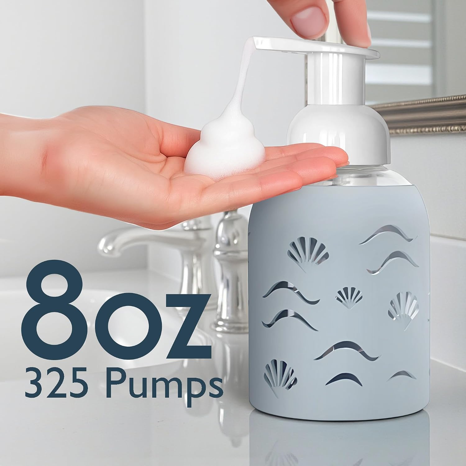 8oz Glass Foaming Soap Dispenser w/ Soft Silicone Sleeve- Seashells- Misty Blue