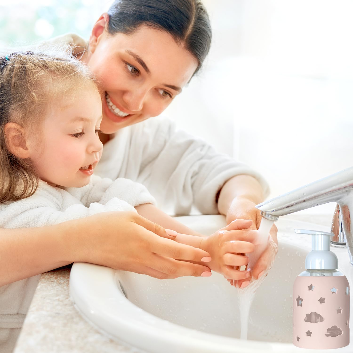 8oz Foaming Glass Bottle Foaming Soap Dispenser - Soft Grip Silicone Sleeve, Refillable Pump Bottle for Kids, Baby Wash & Shampoo, Hand Soap Dispenser, Ideal for Home Use, Light Pink 8oz