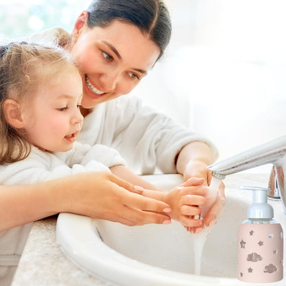 SoCal Suds &amp; Company Glass Bottle Foaming Soap Dispenser - Soft Grip Silicone Sleeve, Refillable Pump Bottle for Kids, Baby Wash &amp; Shampoo, Hand Soap Dispenser, Ideal for Home Use, Light Pink 8oz