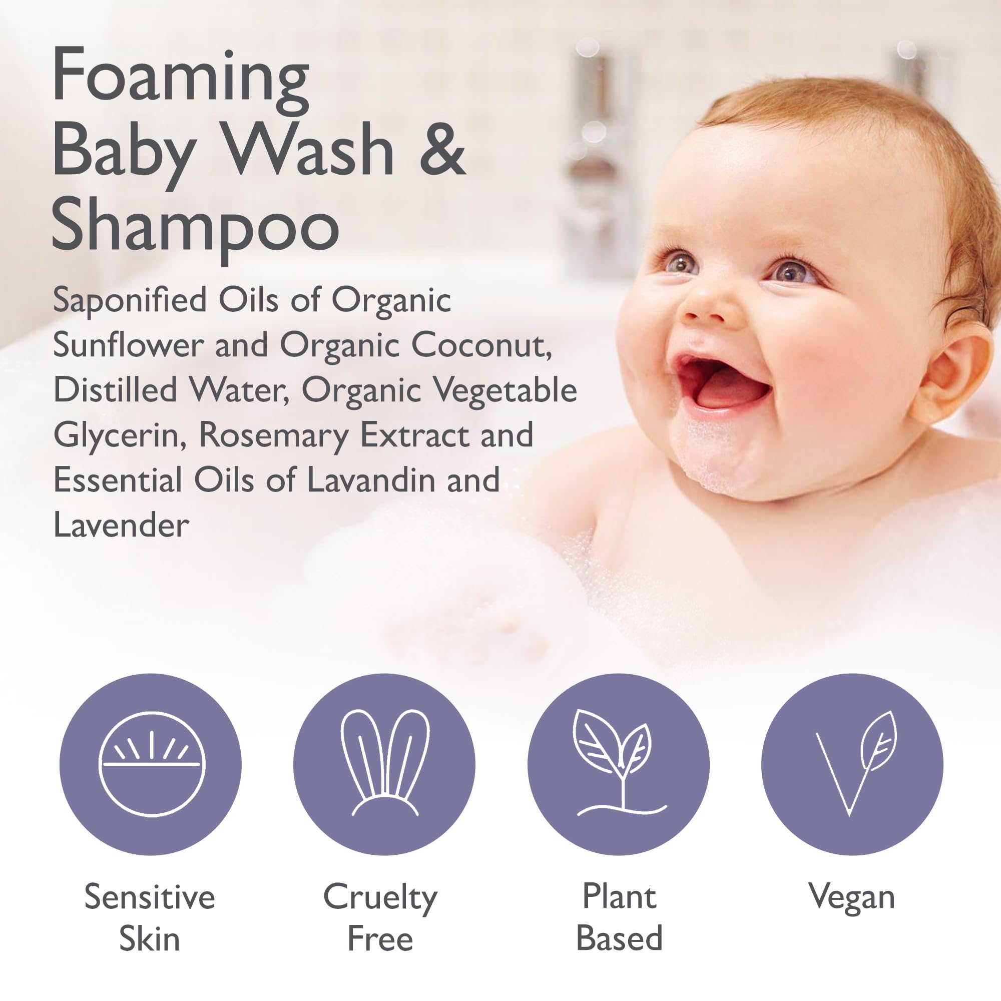 Organic Foaming Baby Wash & Shampoo - Gentle Cleansing Newborn Body & Hair Soap for Sensitive Skin - Clean Natural Soothing Ingredients - Lavender, 6oz, 2-Pack