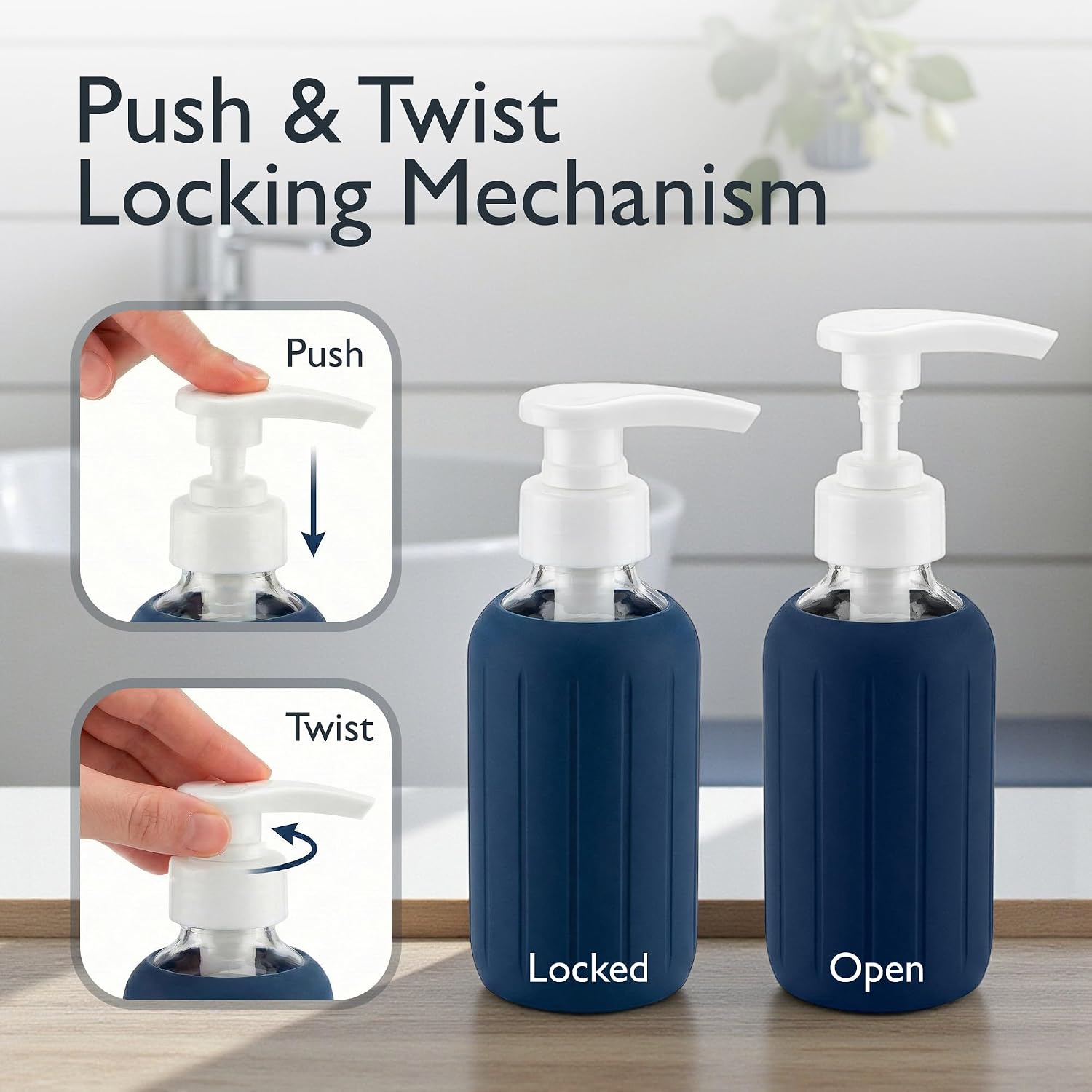 8oz Glass Gel Soap Dispenser w/ Soft Silicone Sleeve- Fluted- Navy Blue
