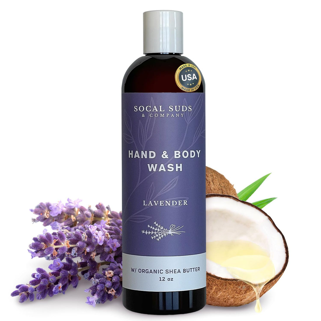 SoCal Suds &amp; Company Organic Shea Butter Body Wash – Lavender Liquid Soap for Hand &amp; Body, Moisturizing Shower Gel - Daily Body Wash for Women, Men &amp; Unisex, Gentle Skin Care &amp; Protection - (12oz)