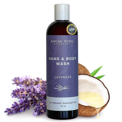 SoCal Suds &amp; Company Organic Shea Butter Body Wash – Lavender Liquid Soap for Hand &amp; Body, Moisturizing Shower Gel - Daily Body Wash for Women, Men &amp; Unisex, Gentle Skin Care &amp; Protection - (12oz)