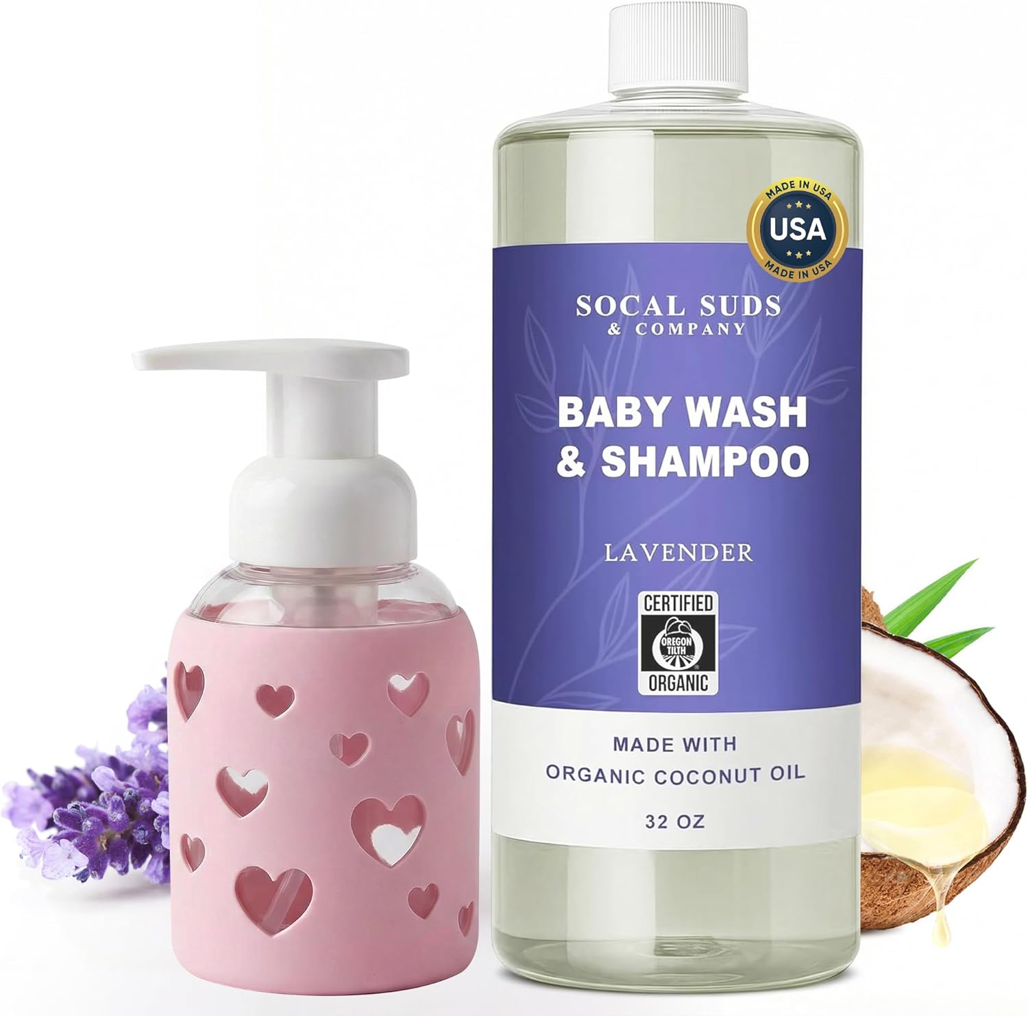 SoCal Suds & Company - 2-in-1 Organic Foaming Baby Shampoo & Body Wash Castile Soap Refill, Lavender - 32oz Hand Soap Dispenser Glass, Liquid Soap Pump with Heart Silicone Sleeve, Soft Pink - 8oz