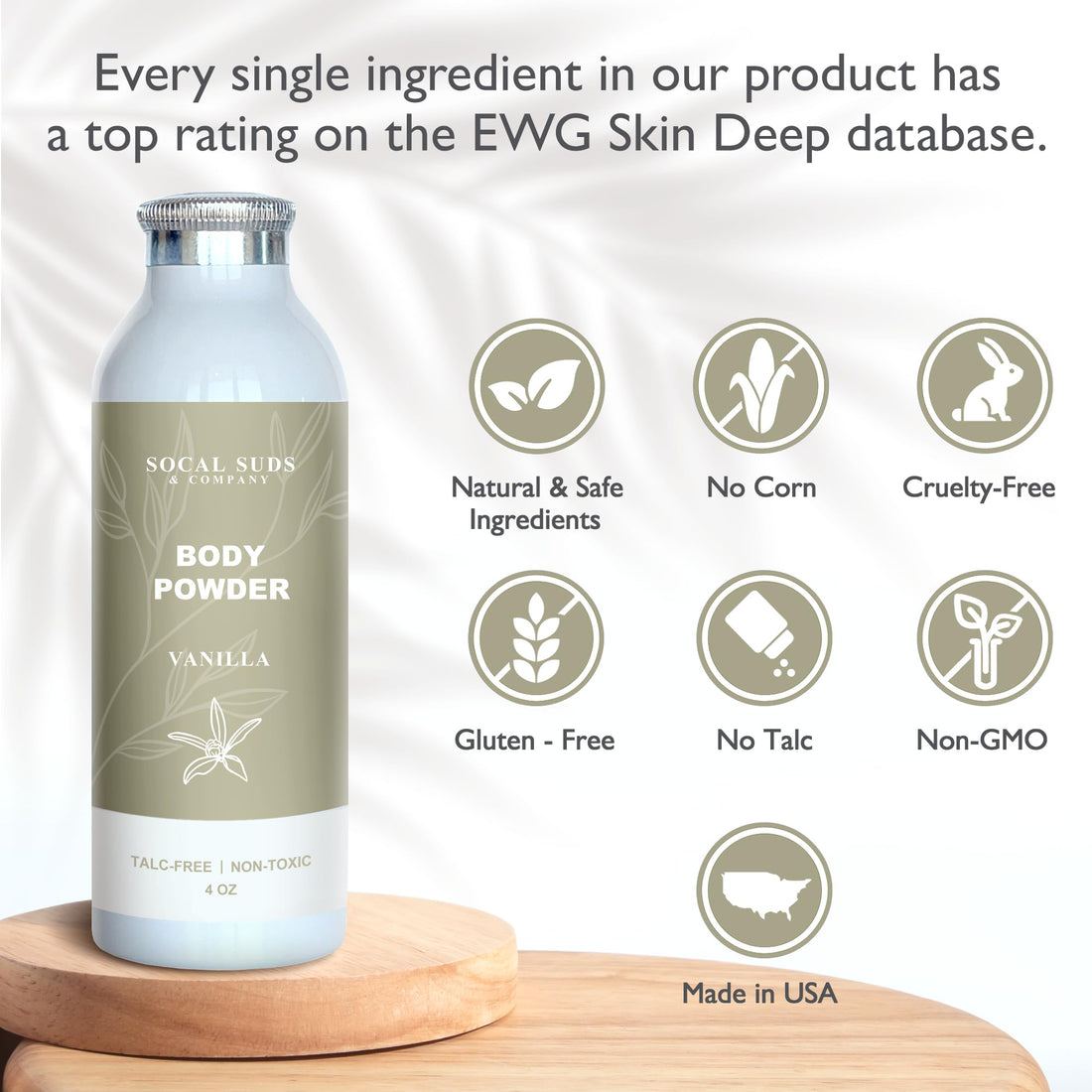 SoCal Suds &amp; Company Natural Body Powder Talc-Free - with Arrowroot Powder, Kaolin, Aspen Bark Extract for Soft Soothing Delicate Skin - Vanilla 4oz, 1-Pack