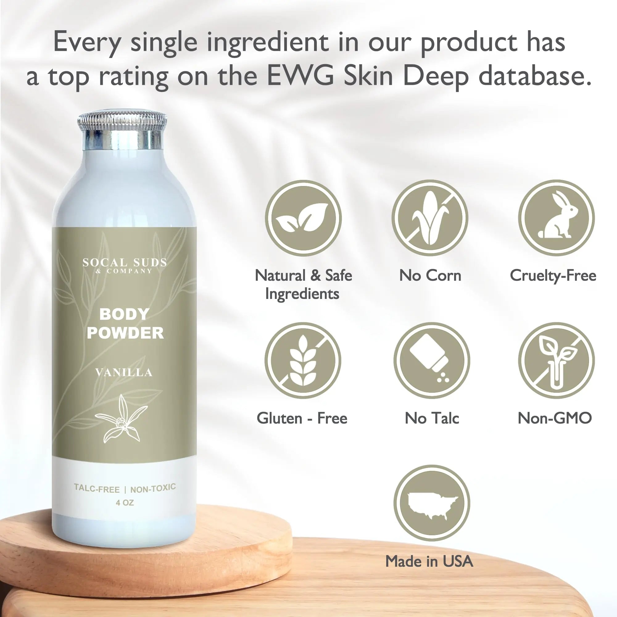 Natural Body Powder Talc-Free - with Arrowroot Powder, Kaolin, Aspen Bark Extract for Soft Soothing Delicate Skin - Vanilla 4oz, 1-Pack