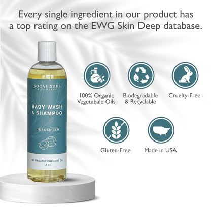 SoCal Suds &amp; Company Baby Shampoo &amp; Body Wash 2 in 1 Organic Gel - Gentle Castile Soap with Vitamin Infused Oils &amp; Botanicals for Sensitive Skin &amp; Body Hypoallergenic, 12oz Fragrance Free