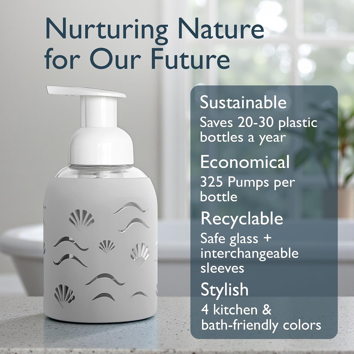 8oz Glass Foaming Soap Dispenser w/ Soft Silicone Sleeve- Seashells- Sand