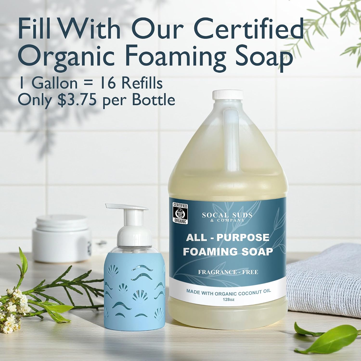 8oz Glass Foaming Soap Dispenser w/ Soft Silicone Sleeve- Seashells- Sea Foam