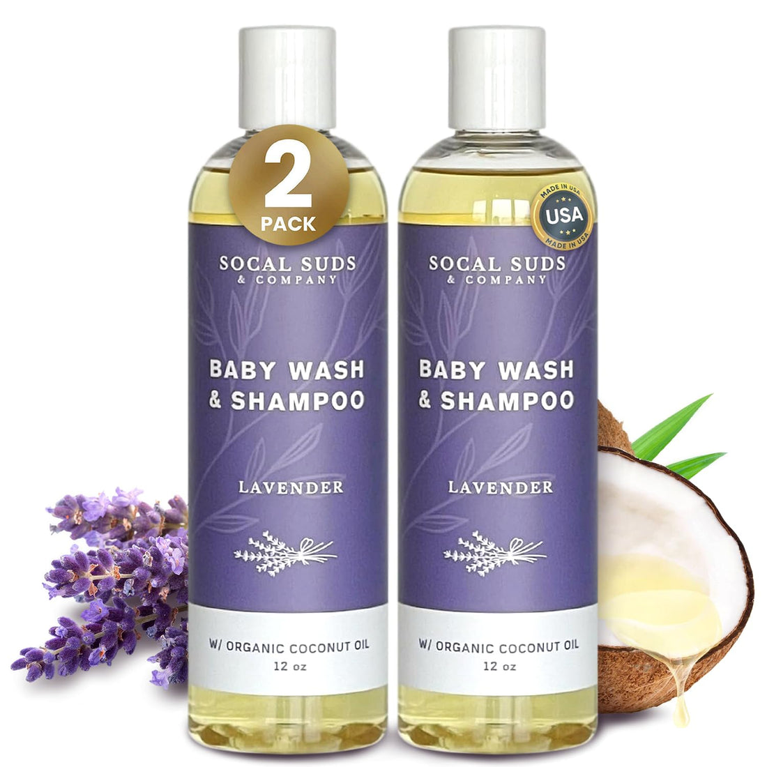 SoCal Suds &amp; Company Baby Shampoo &amp; Body Wash, 2-in-1 Organic Gel - Gentle Castile Soap with Vitamin-Infused Oils &amp; Botanicals - Natural Care for Sensitive Skin Hypoallergenic - 12oz Lavender 2-Pack