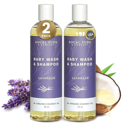 SoCal Suds &amp; Company Baby Shampoo &amp; Body Wash, 2-in-1 Organic Gel - Gentle Castile Soap with Vitamin-Infused Oils &amp; Botanicals - Natural Care for Sensitive Skin Hypoallergenic - 12oz Lavender 2-Pack