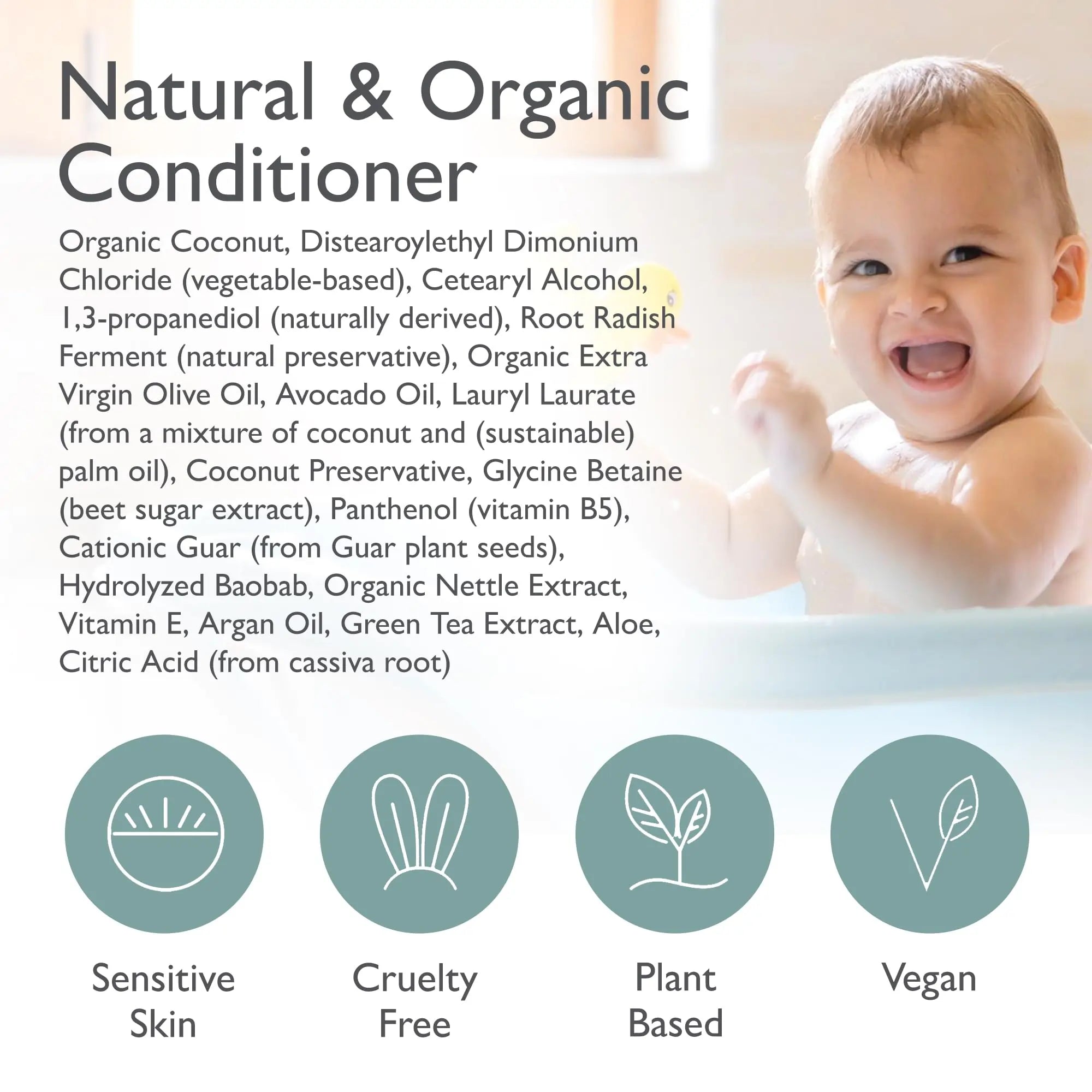Organic Baby & Kids Conditioner - Moisture Baby Hair Conditioner - Gentle Natural Vitamin Rich Ingredient Organic Oils for Babies and Kids Sensitive Scalp - Fragrance Free, 12oz