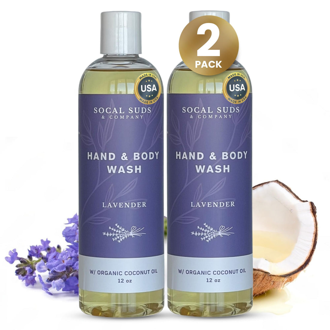 SoCal Suds &amp; Company 12oz Organic Soap Liquid, Gentle Hand &amp; Body Wash - Organic Body Wash for Men and Women, Made w/Organic Oils &amp; Coconut Oil, Bath Essentials for All Skin Types - 2pk Lavender