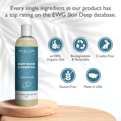 SoCal Suds &amp; Company Baby Body Wash &amp; Shampoo - Shea Moisture for Sensitive Skin - Fragrance Free Hair &amp; Body Soap - Gentle Bath Products for Toddlers &amp; Babies - 1 Pack Fragrance Free 12oz Bottles