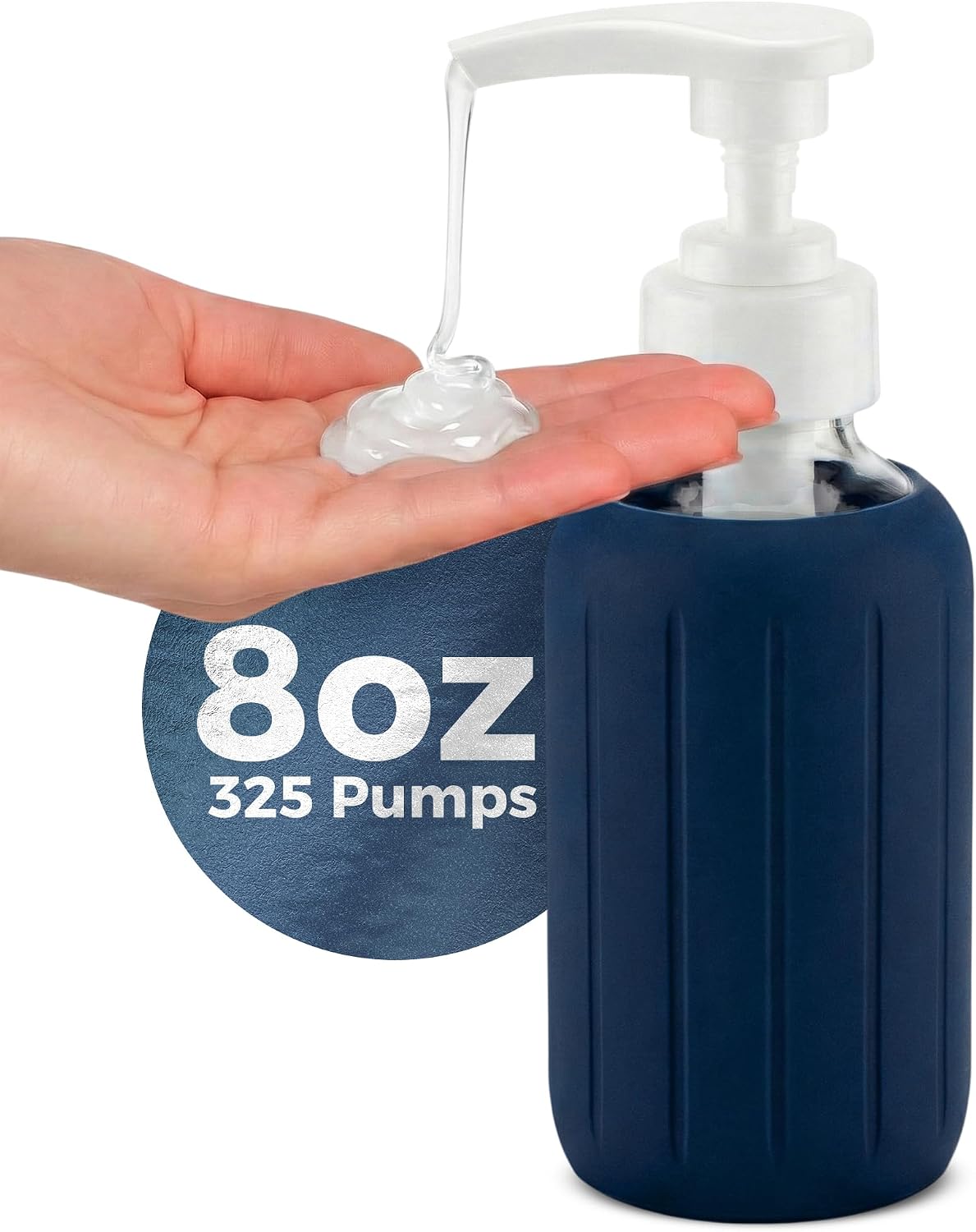8oz Glass Gel Soap Dispenser w/ Soft Silicone Sleeve- Fluted- Navy Blue