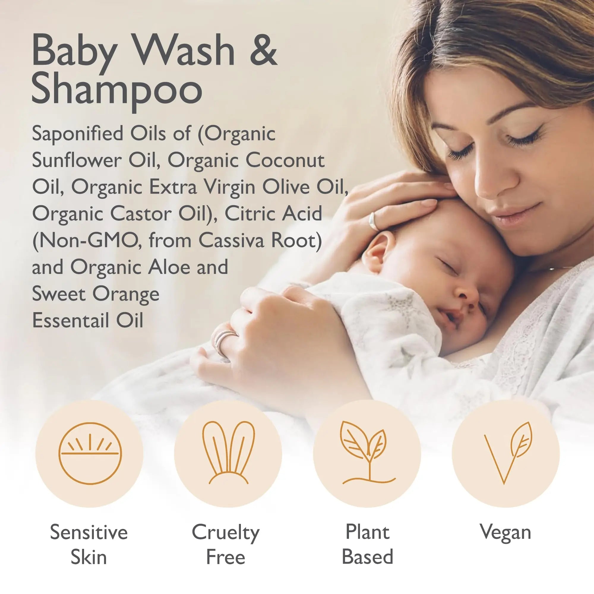 Baby Shampoo & Body Wash, 2-in-1 Organic Gel - Gentle Castile Soap with Vitamin-Infused Oils & Botanicals - Natural Care for Sensitive Skin Hypoallergenic - 12oz Sweet Orange