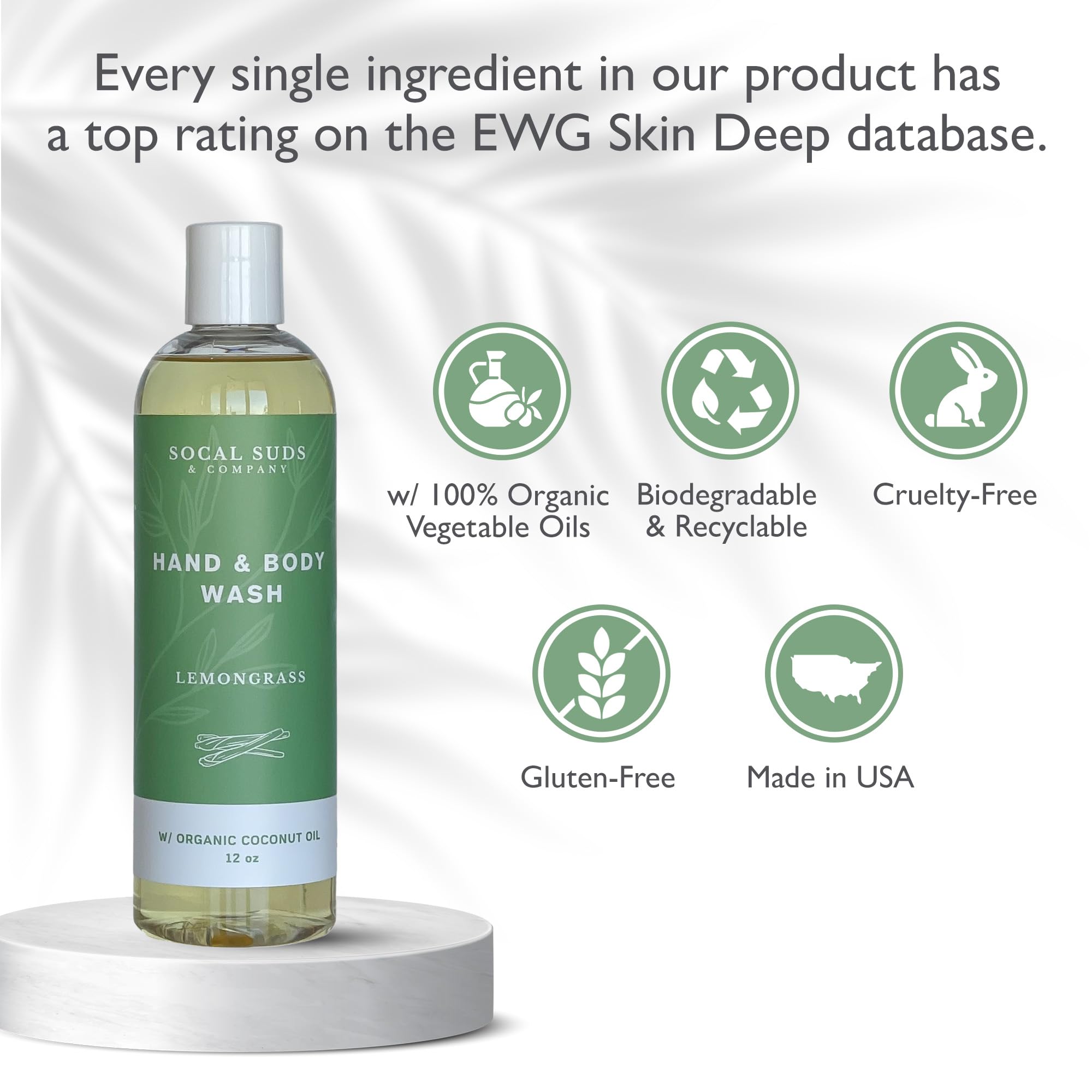 12oz Organic Soap Liquid, Gentle Hand & Body Wash - Organic Body Wash for Men and Women, Made w/Organic Oils & Coconut Oil, Bath Essentials for All Skin Types - Lemongrass